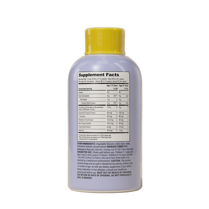 The Beekeepers Naturals Kids Propolis Cough Syrup Nighttime comes in a white bottle with a yellow cap, featuring supplement facts that detail nutritional information and ingredients, including soothing buckwheat honey.