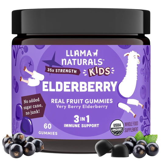 Llama Naturals Kids Real Fruit Elderberry Gummies feature a playful llama and elderberry design on a purple label. They highlight 35x Strength, Real Fruit Gummies, and 3 in 1 Immune Support. The jar offers 60 immune-boosting gummies with the USDA Organic logo assuring authenticity.