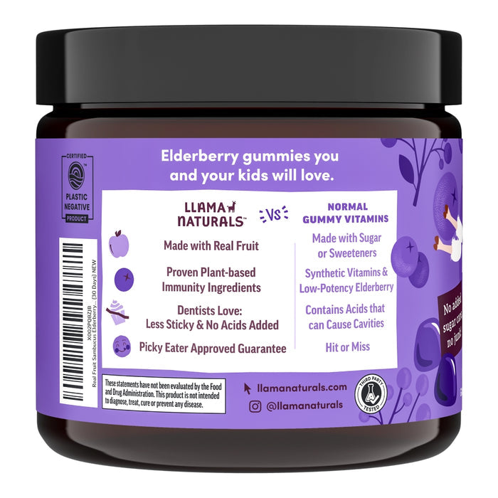 Llama Naturals Kids Real Fruit Elderberry Gummies are displayed, highlighting benefits: real fruit, plant-based immunity boost, antioxidant-rich, no added sugar, dentist-approved & acid-free with a picky eater guarantee. The purple design with fruit illustrations enhances these immune-boosting treats.