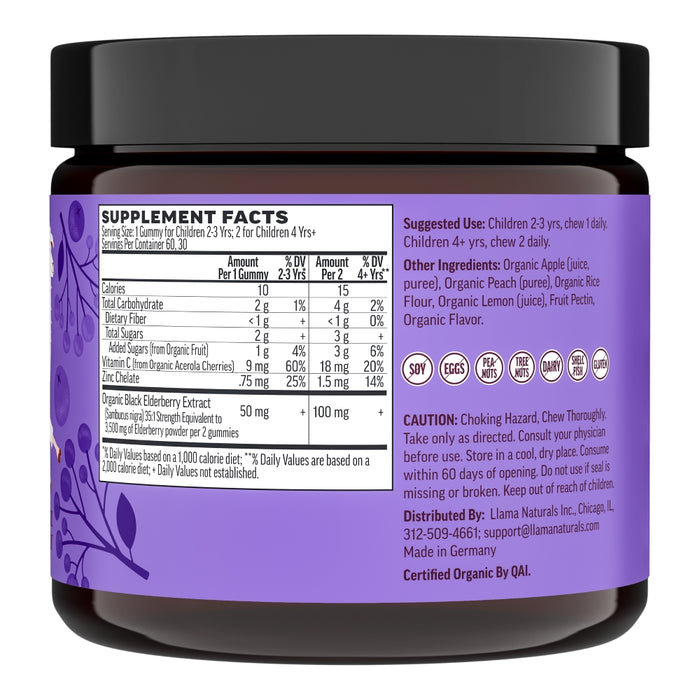 The Llama Naturals Kids Real Fruit Elderberry Gummies, featuring a purple label and USDA Organic certification, are immune-boosting and free from soy, eggs, high fructose corn syrup, dairy, gelatin, wheat, and nuts. Suggested use and caution instructions are prominently displayed.