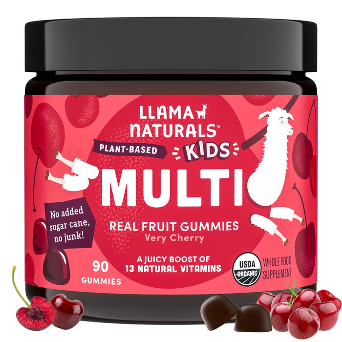 Llama Naturals Kids Real Fruit Multivitamin Gummies have a vibrant red label with cherries and a playful llama. These organic, plant-based vegan vitamins offer a Very Cherry flavor with no added sugar and no junk, containing 90 gummies.