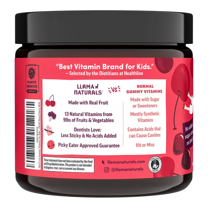 Llama Naturals Kids Real Fruit Multivitamin Gummies boast real fruit, 13 natural vitamins, and no added sugar. These Non-GMO treats are less sticky and offer a picky eater approval guarantee.