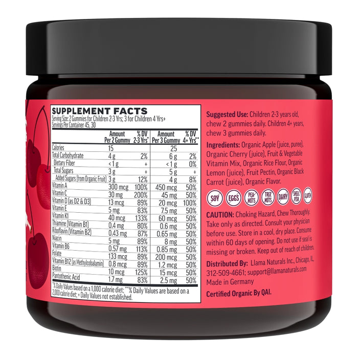 A jar of Llama Naturals Kids Real Fruit Multivitamin Gummies with a red label displays supplement facts, ingredients, suggested use, caution details, and company information. Cherry images enhance the appeal of these Non-GMO gummies.
