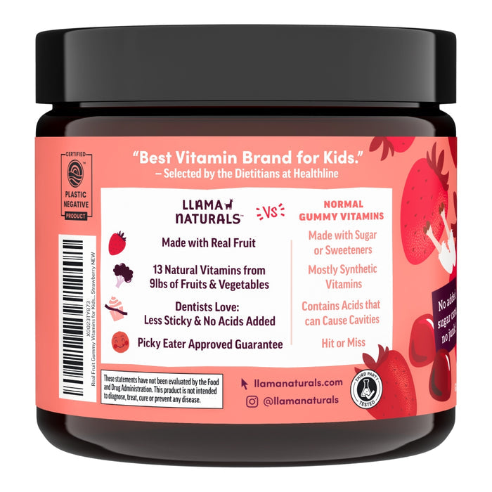 A container of Llama Naturals Kids Real Fruit Multivitamin Gummies is displayed, featuring non-GMO real-fruit gummies with 13 natural nutrients. Illustrated with strawberries, these gummies contain no added sugar or sweeteners.