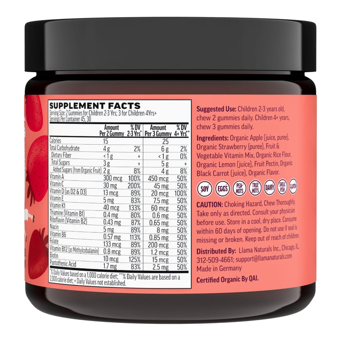 A jar of Kids Real Fruit Multivitamin Gummies by Llama Naturals with a black lid. The label details supplement facts, ingredients, suggested use, and caution info. Certified soy-free, egg-free, dairy-free, nut-free, and gluten-free on the bottom line.