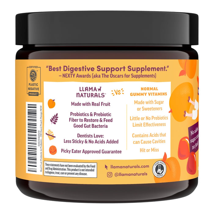 A jar of Llama Naturals Kids Real Fruit Pre & Probiotic Gummies features probiotics and plant-based prebiotic fiber, made with real fruit and no additives, approved by dentists and picky eaters. The label has an orange-themed design highlighting these benefits.