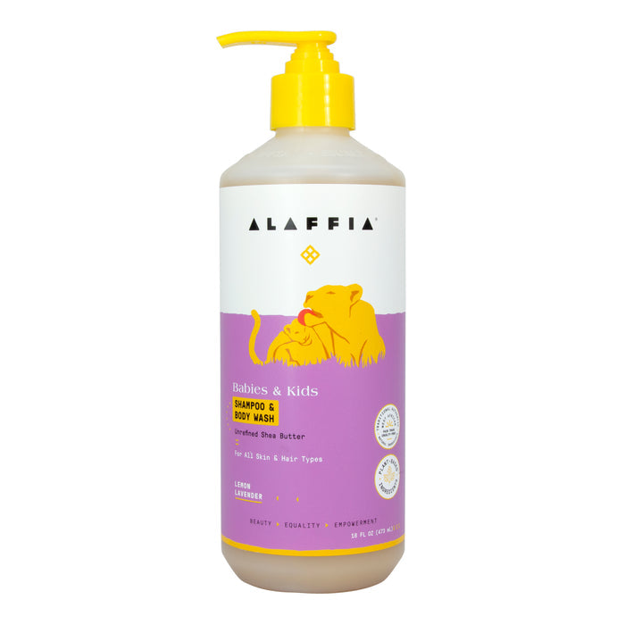Alaffia Kids Shampoo & Body Wash features a lion and cub on its purple label and contains naturally-derived ingredients like unrefined shea butter. It is suitable for all skin and hair types, offering a refreshing lemon lavender scent.