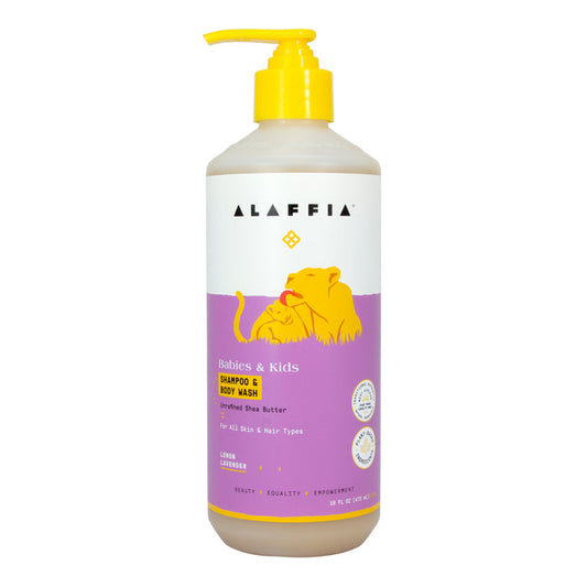 Alaffia Kids Shampoo & Body Wash features a lion and cub on its purple label and contains naturally-derived ingredients like unrefined shea butter. It is suitable for all skin and hair types, offering a refreshing lemon lavender scent.