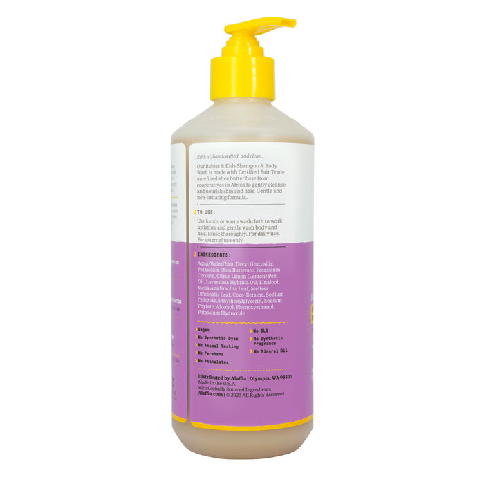 The Alaffia Kids Shampoo & Body Wash, with its yellow pump and purple-beige label, highlights naturally-derived ingredients. Gentle on sensitive skin, its perfect for bath time with Lemon Lavender hints for a soothing experience.