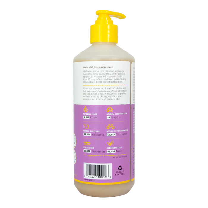 This bottle of Alaffia Kids Shampoo & Body Wash with a yellow pump highlights its social impact and natural ingredients. The label has icons for environmental care, school contributions, soaps supplied, trees planted, and meals donated. Enjoy its refreshing Lemon Lavender aroma.