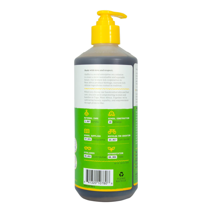 Alaffia Kids Shampoo & Body Wash comes in a plastic bottle with a yellow pump and green label. Scented with coconut chamomile, its gentle on sensitive skin and supports community projects like medical care, school construction, bike distribution, and reforestation initiatives.