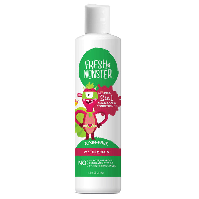The Fresh Monster Kids Shampoo & Conditioner 2in1 comes in a vibrant white bottle with a fun monster design, featuring a joyful watermelon scent. Its hypoallergenic and free from toxins, sulfates, parabens, phthalates, dyes, and synthetic fragrances.