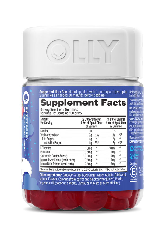 A clear jar labeled Kids Sleep by OLLY, featuring a Razzberry flavor, contains red gummy supplements for children. The white-lid jar includes supplement facts and ingredients like melatonin to serve as a natural sleep aid.