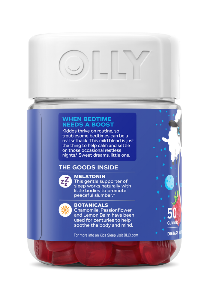 OLLYs Kids Sleep gummies, with 50 pieces per bottle, include melatonin and soothing botanicals such as chamomile, passionflower, and lemon balm. The packaging features clouds and a moon to promote peaceful rest naturally.