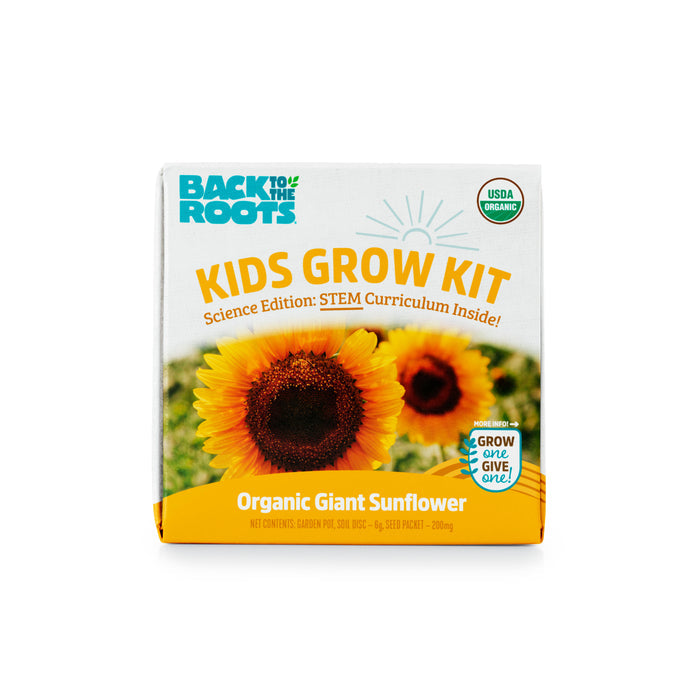 The Kids Sunflower Grow Kit by Back to the Roots combines gardening with STEM. This USDA Organic kit features two giant sunflowers on a white background, ideal for budding green thumbs.