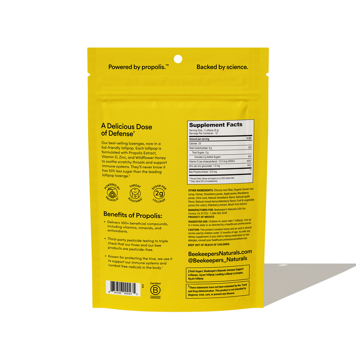 A yellow package for Kids Throat Soothing Lollipops by Beekeepers Naturals states Powered by propolis. Backed by science. It features supplement facts, benefits of propolis extract, and a product description. Branding and social media are at the bottom, with a resealable top for freshness.