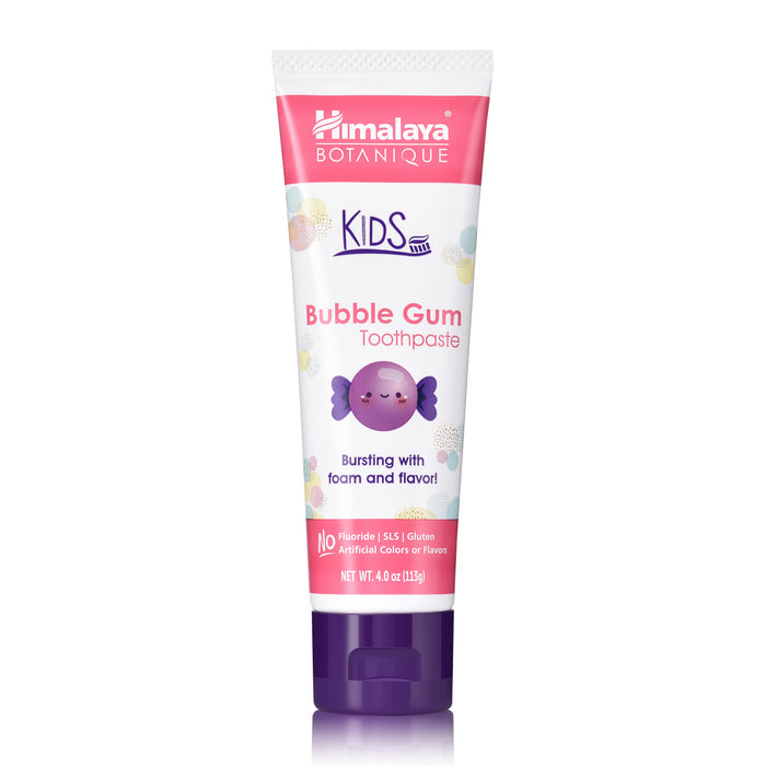Himalaya Kids Toothpaste features a smiling bubble gum character and a pink cap, highlighting Bursting with foam and flavor! Its fluoride-free, infused with botanical ingredients, and weighs 4.0 oz (113g).