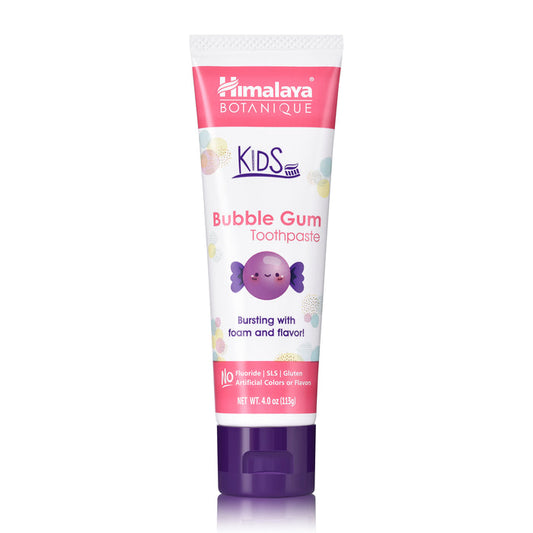 Himalaya Kids Toothpaste features a smiling bubble gum character and a pink cap, highlighting Bursting with foam and flavor! Its fluoride-free, infused with botanical ingredients, and weighs 4.0 oz (113g).