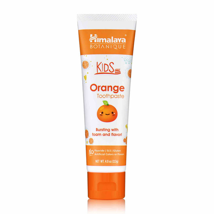A 4 oz tube of Himalaya Kids Toothpaste with a playful design featuring a smiling orange character is shown. This fluoride-free toothpaste bursts with foam and flavor, enriched with botanical ingredients inspired by Ayurvedic science.