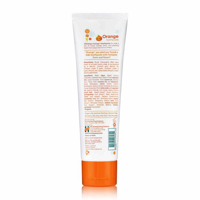 Himalayas Kids Toothpaste comes in a white tube adorned with vibrant fruit illustrations. Its vegan, based on ayurvedic science, cruelty-free, and perfect for maintaining bright and healthy smiles in children.