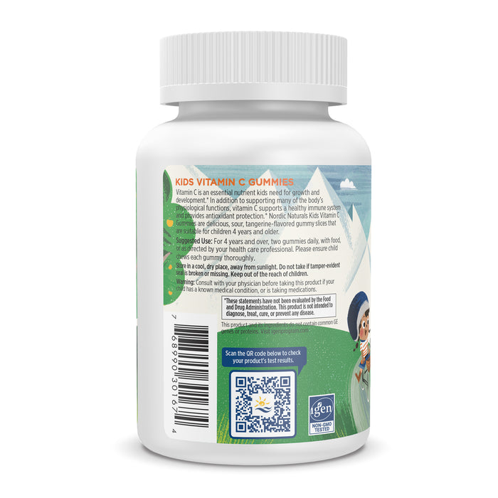 A white bottle of Nordic Naturals Kids Vitamin C Gummies, a dietary supplement with a colorful label showing a mountain scene and smiling child in winter gear, includes product and allergen info with a QR code. Supports immune health for children aged 4+.