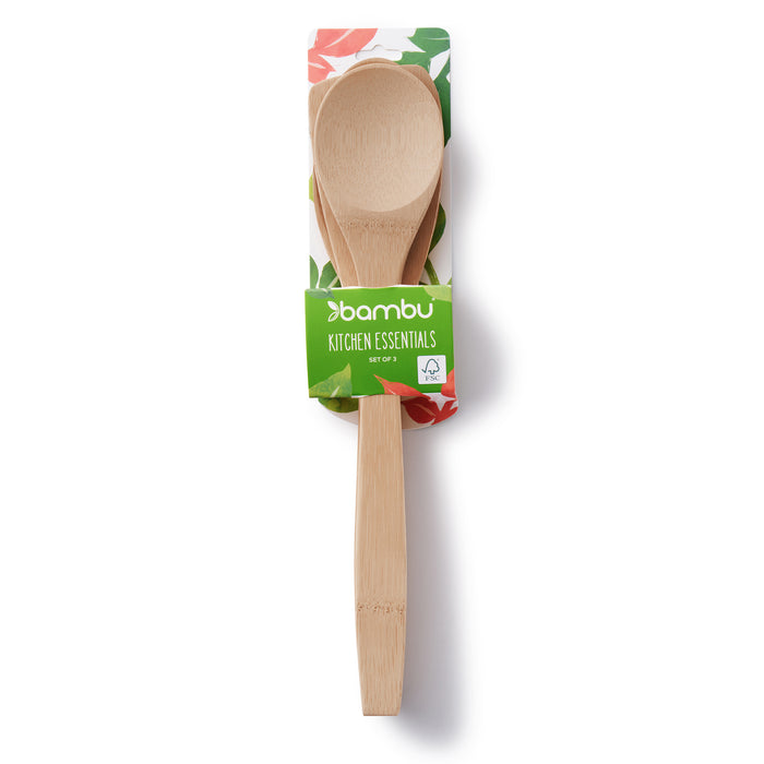 The Bambu Kitchen Basics Set of Bamboo Cooking Utensils includes a spoon and spatula made from FSC-certified bamboo, packaged on floral-patterned cardboard with a green "bambu Kitchen Essentials" label.
