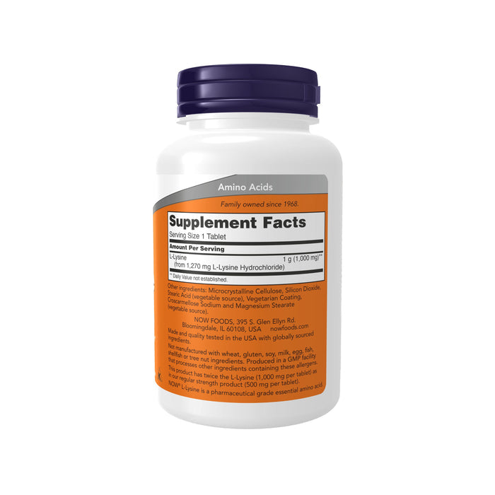 The L-LYSINE 1000mg supplement by NOW Foods features a white bottle with an orange label showing supplement facts and emphasizing its 1g L-Lysine per serving for immune support. Family-owned since 1968, it provides detailed ingredient info and contact details.