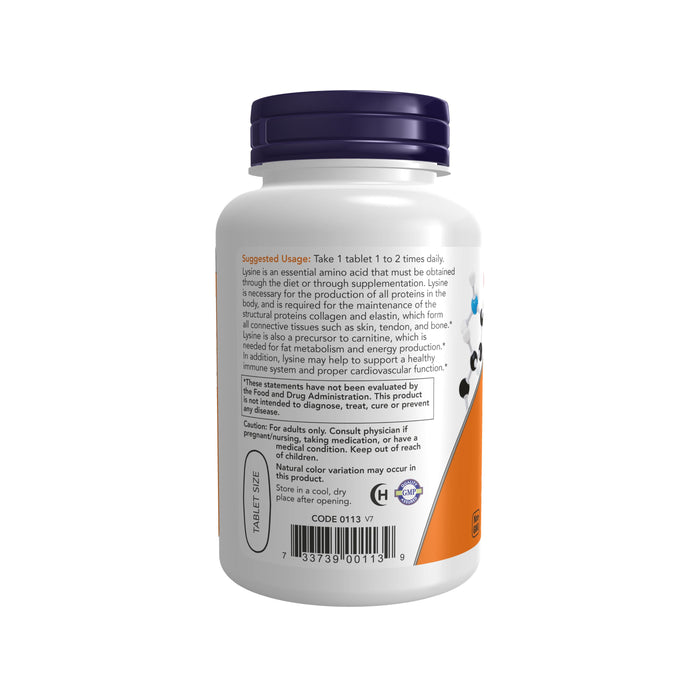 A white bottle from NOW Foods features a purple lid and a label for L-LYSINE 1000mg, promoting healthy immune function. The label includes dosage instructions, recycling and kosher logos, all in black text on a light background.