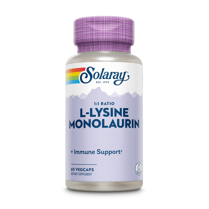 A bottle of Solarays L-Lysine Monolaurin 1:1 Ratio Veg Capsule for immune support features a purple cap, rainbow stripe, and contains 60 vegcaps.