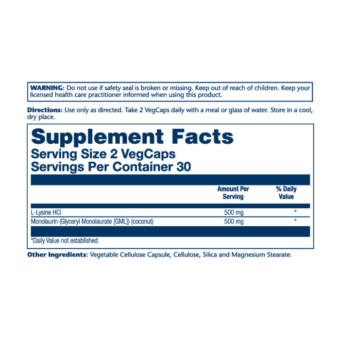 The Solaray L-Lysine Monolaurin 1:1 Veg Capsule features a supplement facts label with serving size, servings per container, L-Lysine HCl and Monolaurin. It includes daily values, warnings, and storage directions for immune support.