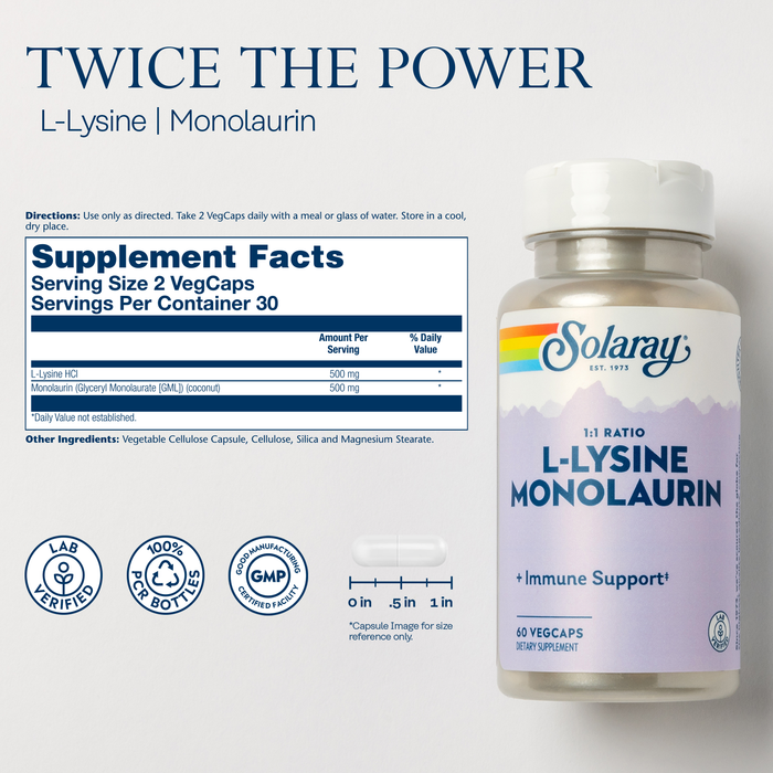 A bottle of Solaray L-Lysine Monolaurin supplements is shown, promoting "Twice the Power" and "Immune Support." Supplement facts and icons highlight features like lab verification and recycled material. The bottle contains 60 veg caps.