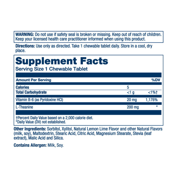 Solarays L-Theanine, 200 mg mood supplement offers 1 chewable tablet with 5 calories per serving. Each tablet includes Vitamin B-6 (20mg, 1,176% DV) and L-Theanine (200mg). Contains milk, soy, sweeteners, and flavorings. Usage directions and warnings are provided.