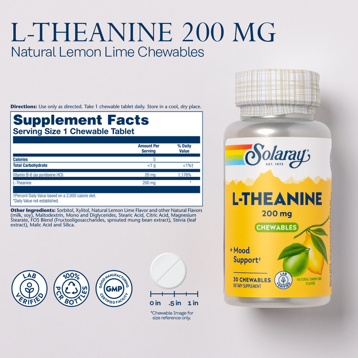 A bottle of Solaray L-Theanine 200 mg natural lemon lime chewables. The label highlights mood support. Supplement facts include 1 chewable tablet per serving with 200 mg of L-Theanine. The bottle contains 30 chewables and various certifications.