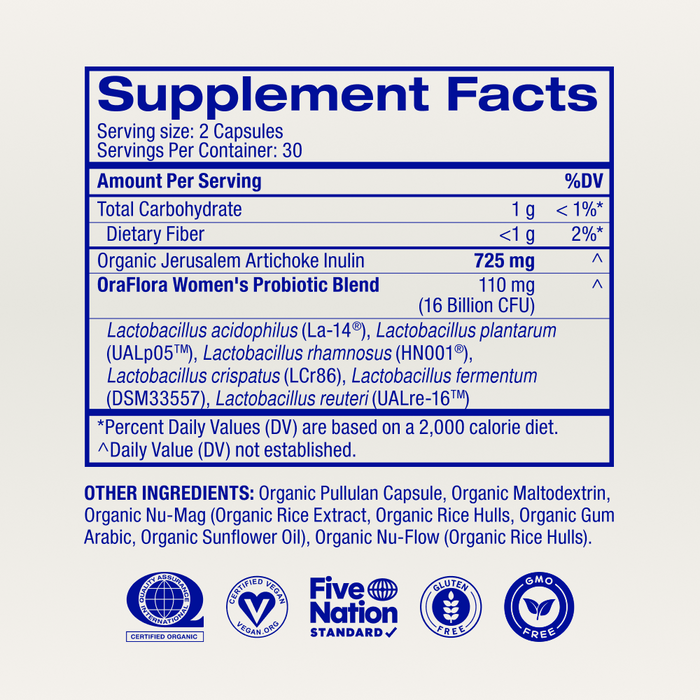 The Supplement Facts label for Ora Organic Lady Bugs: Synbiotic for Women Capsules shows a serving size of 2 capsules, features Jerusalem Artichoke Inulin and a probiotic blend for vaginal health, daily value percentages, and certification logos at the bottom.