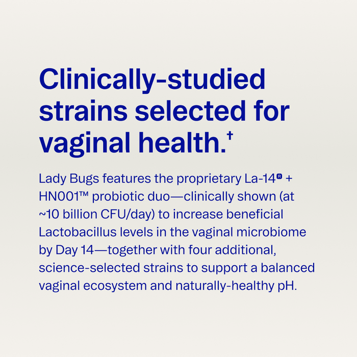 Text graphic stating, Ora Organic Lady Bugs: Synbiotic for Women Capsules feature clinically-studied probiotics with proprietary strains to support vaginal health, microbiome balance, and optimal pH.