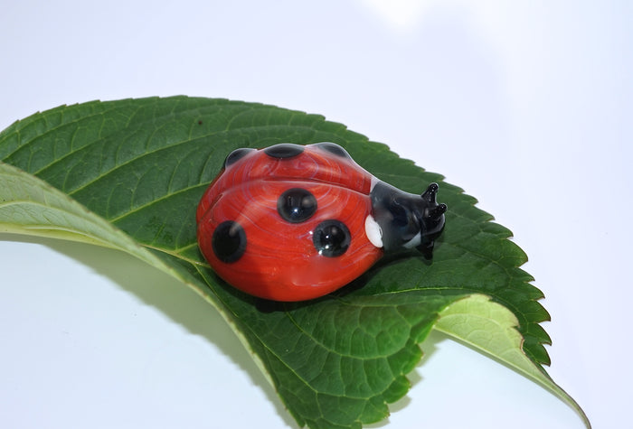 Red glass ladybug cremains figurine with black spots standing on a green leaf