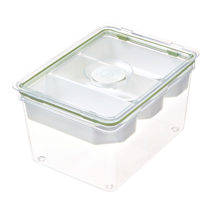 The iDesign Large Produce Bin with 3 Dividers, made from recycled plastic, includes a lid with a green seal around the edge. This clear rectangular container is ideal for keeping food fresh and organized.