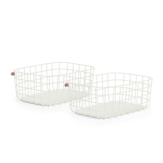 Two Large Wire Baskets from Open Spaces, made of high-quality white steel with wooden side handles and an open grid design, sit side by side on a white background, perfect for storing large blankets when not in use.