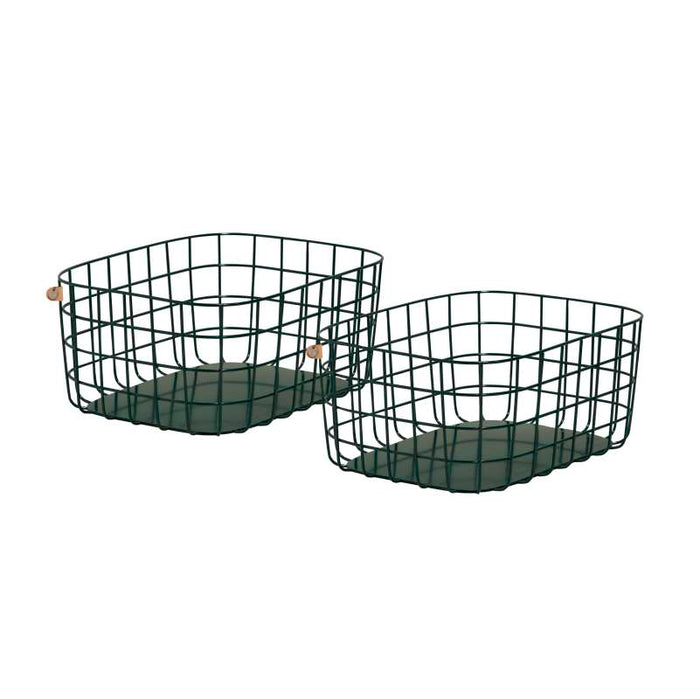 Open Spaces Large Wire Baskets, crafted from premium steel in green with square bases and open grid designs, feature small wooden handles for easy access. These elegant storage solutions are showcased side by side on a pristine white background.