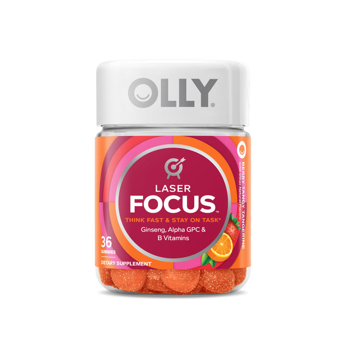 A 36-piece jar of OLLYs Laser Focus gummies comes in vibrant orange-themed packaging, highlighting the key ingredients—Ginseng, Alpha GPC, and B Vitamins—which support focus and clarity.