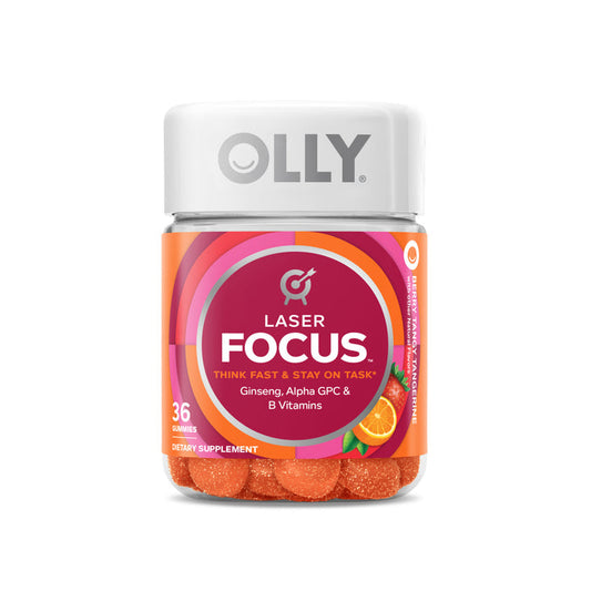 A 36-piece jar of OLLYs Laser Focus gummies comes in vibrant orange-themed packaging, highlighting the key ingredients—Ginseng, Alpha GPC, and B Vitamins—which support focus and clarity.