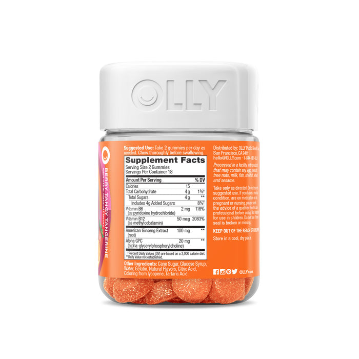 The OLLY Laser Focus gummies come in a clear jar with a white lid, showcasing their orange color. Vitamins B12 and D3, along with ginseng and Alpha GPC, are highlighted on the label for added benefits. The gummy texture is visible at the bottom.