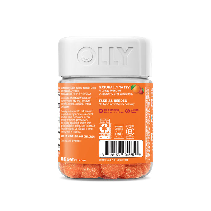 OLLYs Laser Focus gummies come in a clear plastic bottle with a white cap and vibrant orange label. These naturally tasty, gluten-free treats have no synthetic flavors or colors, featuring delicious strawberry and tangerine to enhance mental sharpness.