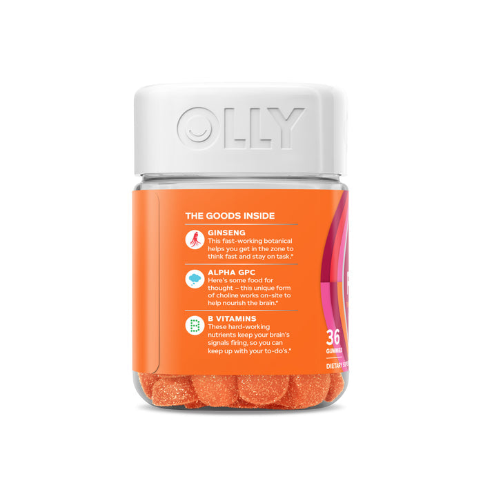OLLYs Laser Focus gummies come in a bottle with an orange label and white cap, offering 36 tasty gummies packed with ginseng for focus, alpha GPC for brain support, and B vitamins for peak brain performance.