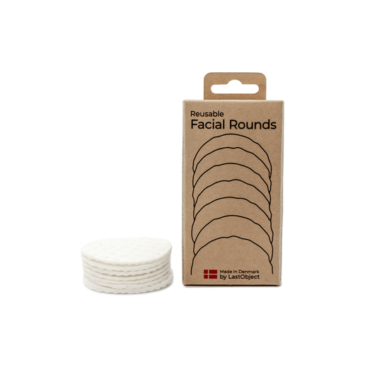 A set of eco-friendly cotton rounds sits beside a brown box with Reusable Facial Rounds text and illustration. A small red and white flag shows its made in Denmark by LastObject, highlighting sustainable beauty packaging for their LastRound Refill product.