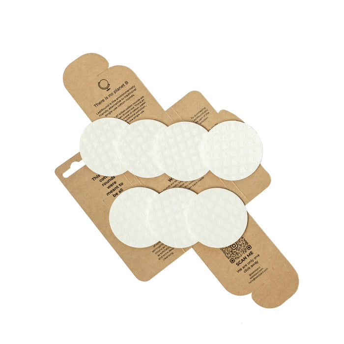 The LastRound Refill by LastObject is a set of circular, textured eco-friendly cotton rounds presented in brown sustainable beauty packaging, complete with printed text, symbols, and a QR code.