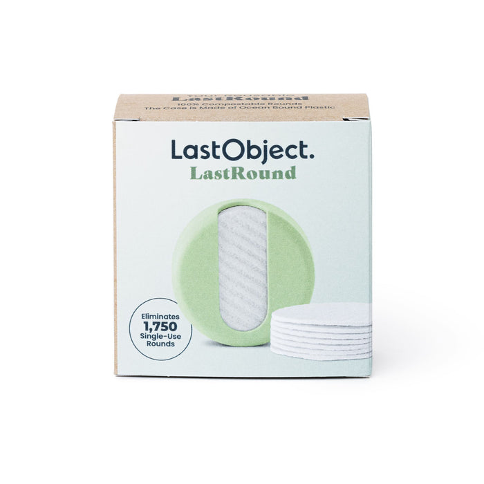A LastObject LastRound cardboard box contains eco-friendly, reusable cotton pads in a green circular container with white rounds, emphasizing its sustainable beauty impact by eliminating 1,750 single-use rounds.