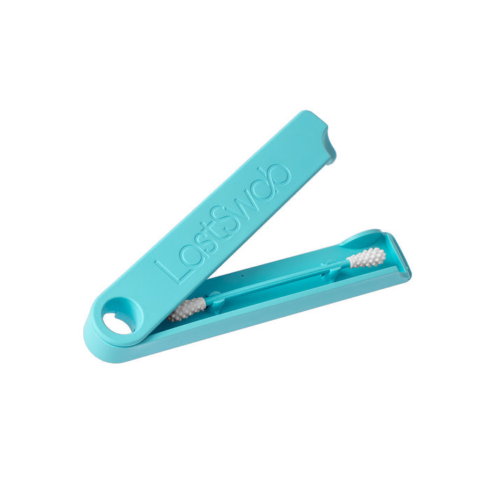 A teal LastSwab Original Reusable Swab by LastObject, featuring eco-friendly silicone tips, is shown in its matching open case. The case is elegantly embossed with LastSwab, highlighting a stylish, sustainable alternative to cotton swabs.