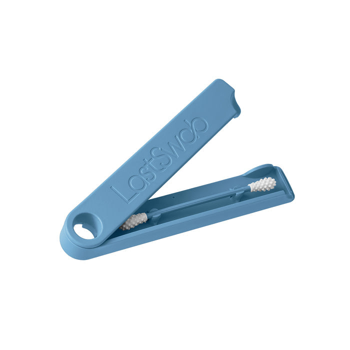 The LastSwab Original Reusable Swab by LastObject is displayed in an open blue case, revealing its textured ends for eco-friendly ear cleaning. The minimalistic design includes the LastSwab embossing and a keyhole for convenient carrying, highlighting the essence of sustainable cotton swabs.