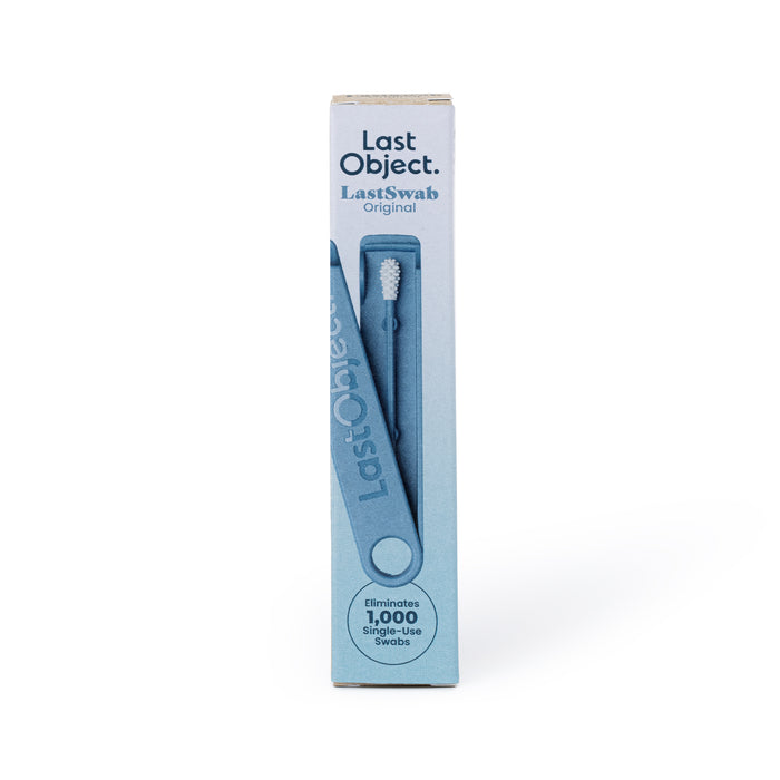 A blue and white package labeled LastSwab Original Reusable Swab by LastObject features an image of a reusable cotton swab, emphasizing its eco-friendly design that replaces 1,000 single-use swabs.